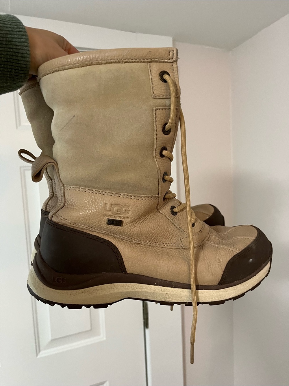 UGG Two-Tone Beige and Dark Brown Lace-Up Waterproof Winter Boots